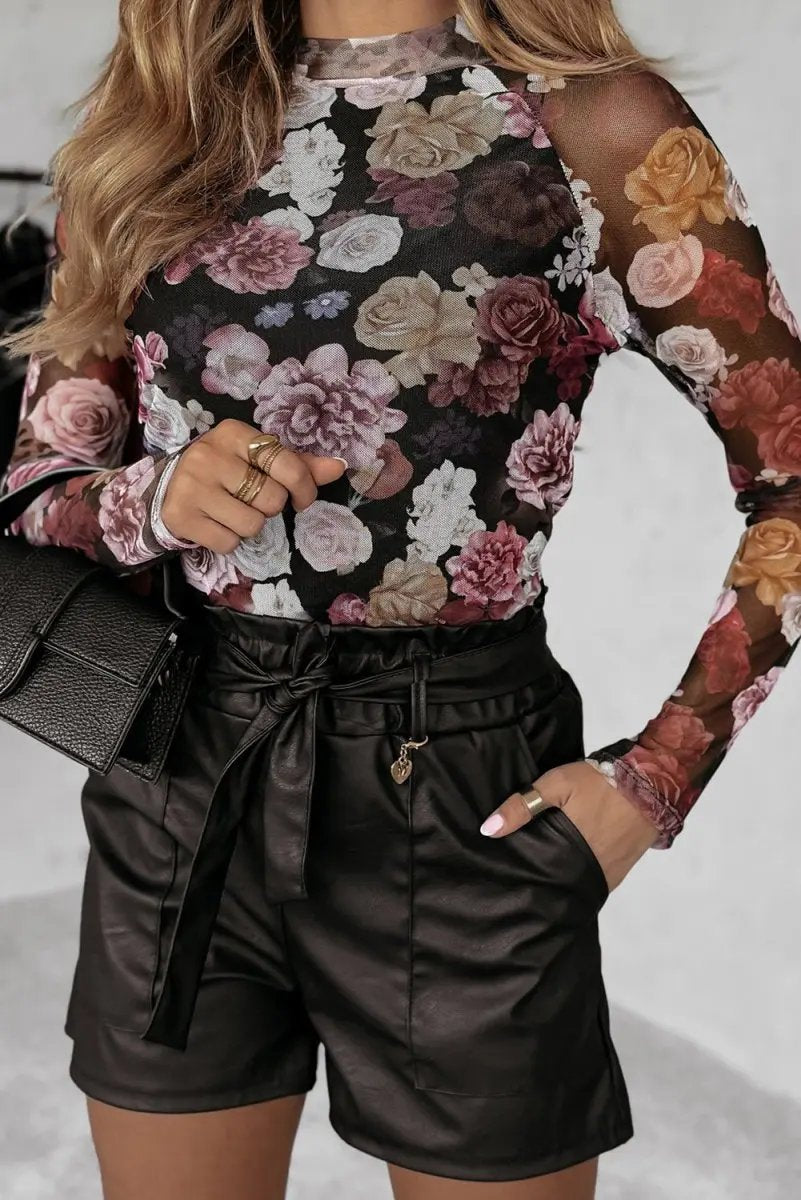 Pink Mesh Floral Print Mock Neck Long Sleeve Slim Top - Love Salve